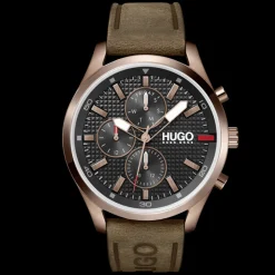 Relogio #Chase Aco Dourado Pele Castanha-Hugo Hot