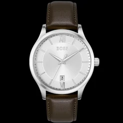 Relogio Elite Prateado Aco E Pele Castanha-Boss Watches New