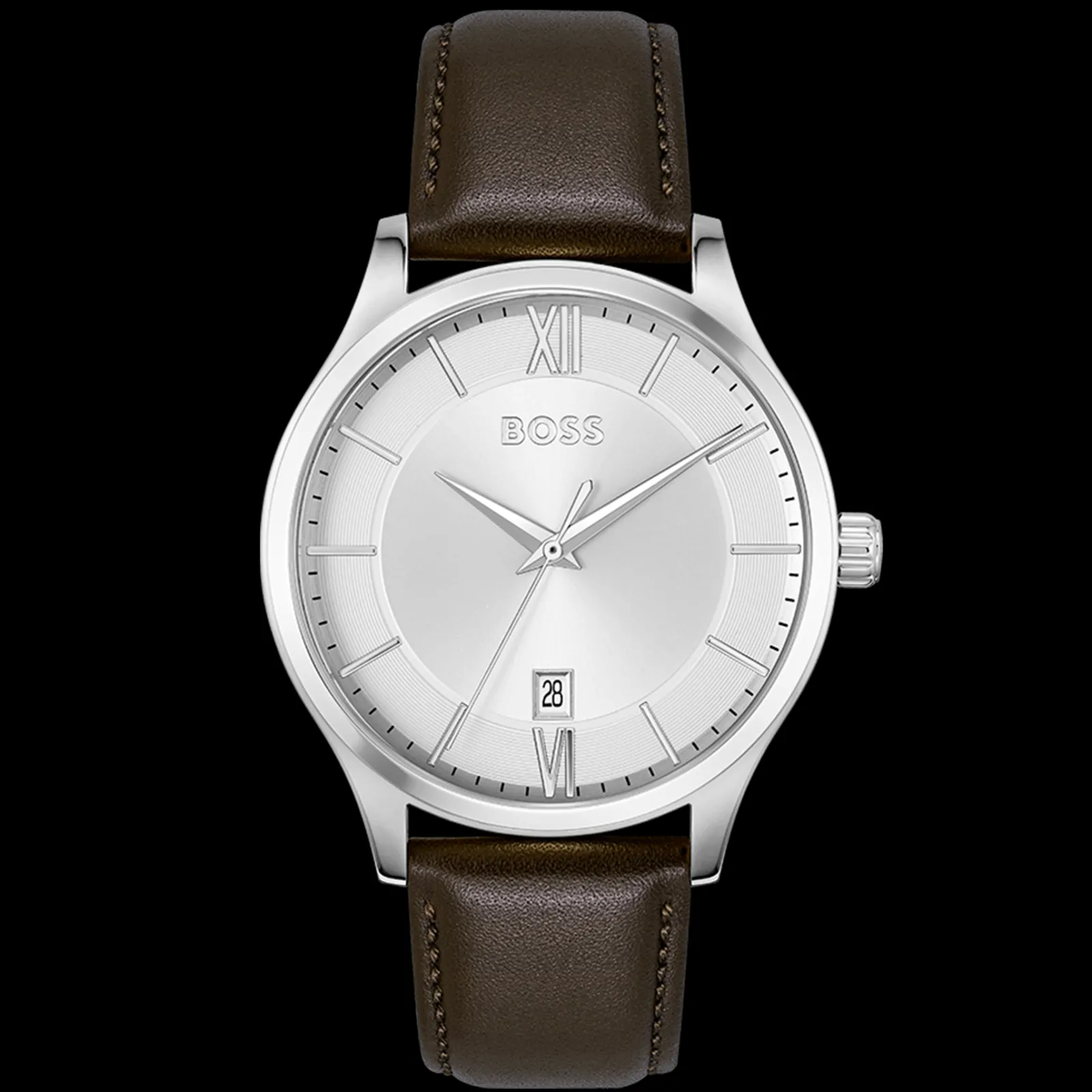 Relogio Elite Prateado Aco E Pele Castanha-Boss Watches New