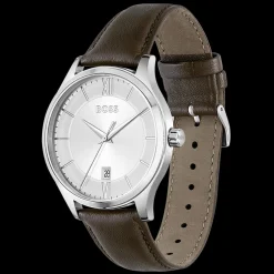 Relogio Elite Prateado Aco E Pele Castanha-Boss Watches New