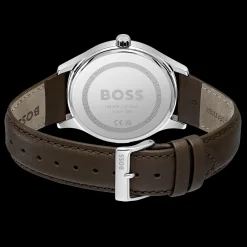 Relogio Elite Prateado Aco E Pele Castanha-Boss Watches New