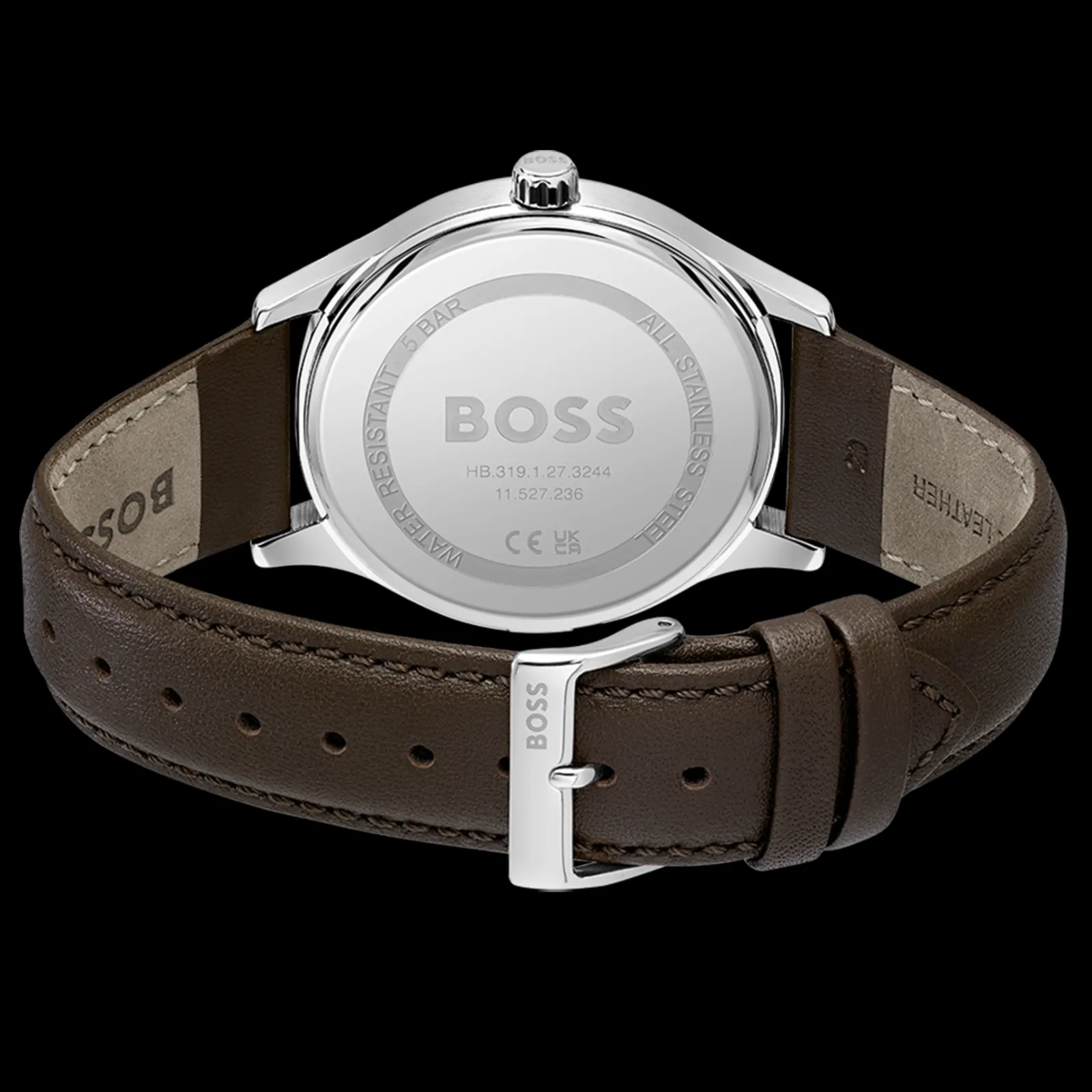 Relogio Elite Prateado Aco E Pele Castanha-Boss Watches New