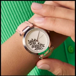 Relogio Floral T-Bar Aco E Cristais E Pele Rosa-Olivia Burton Fashion
