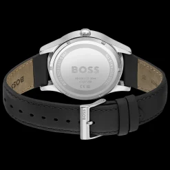 Relogio Purity Preto Aco E Pele Preta-Boss Watches New