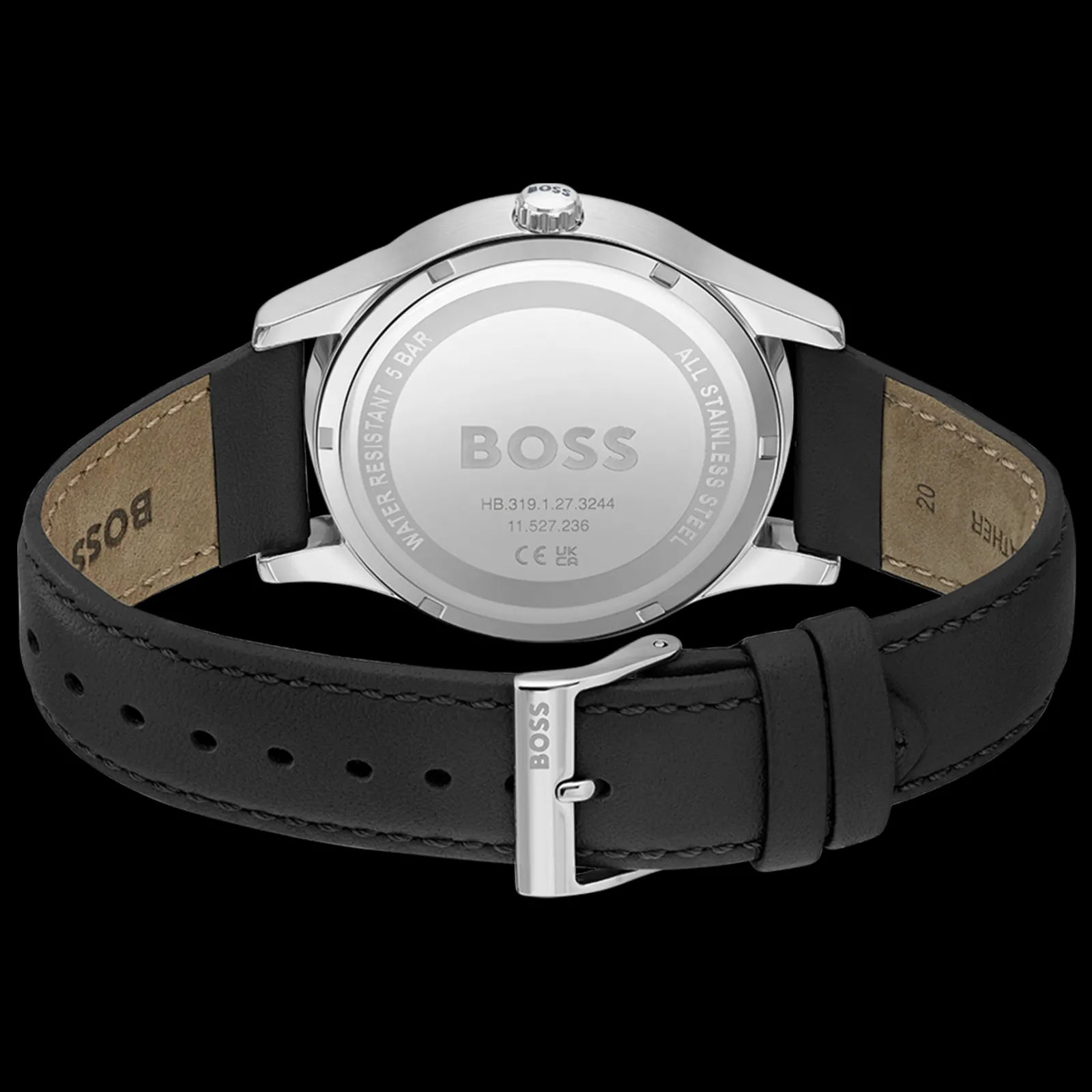 Relogio Purity Preto Aco E Pele Preta-Boss Watches New