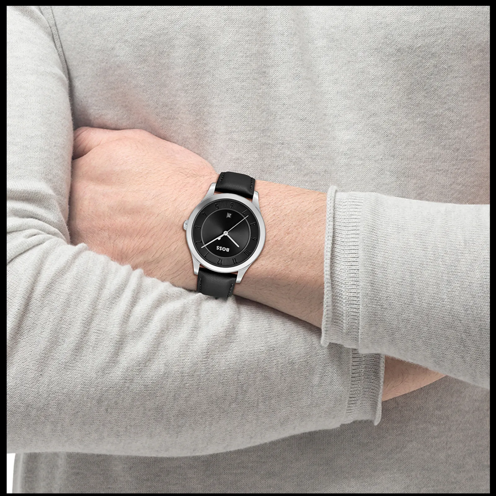 Relogio Purity Preto Aco E Pele Preta-Boss Watches New