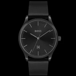 Relogio Reason Aco Ip Preto Pele Preta-Boss Watches Cheap
