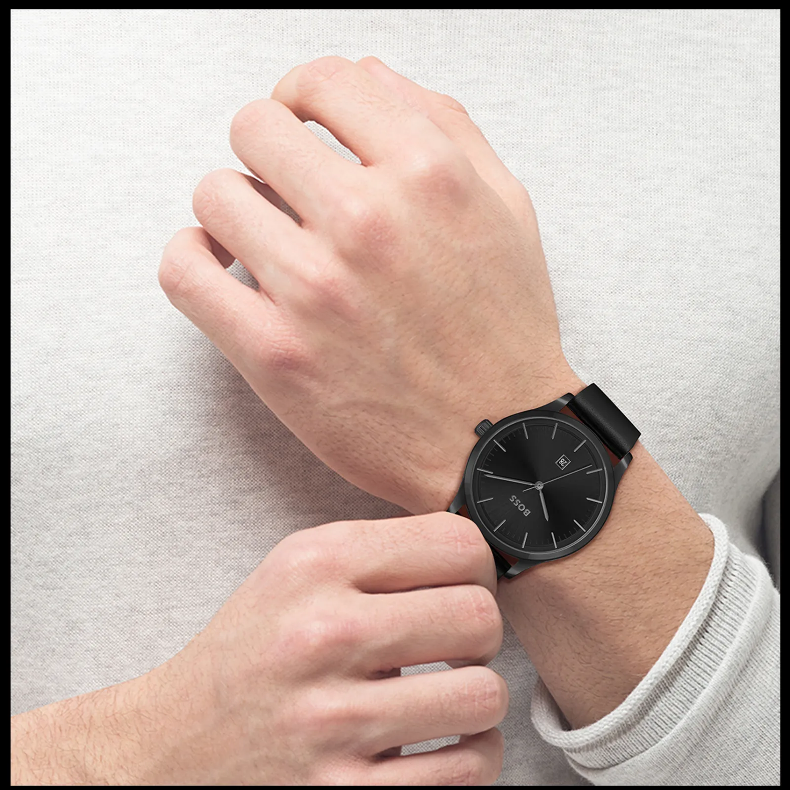 Relogio Reason Aco Ip Preto Pele Preta-Boss Watches Cheap