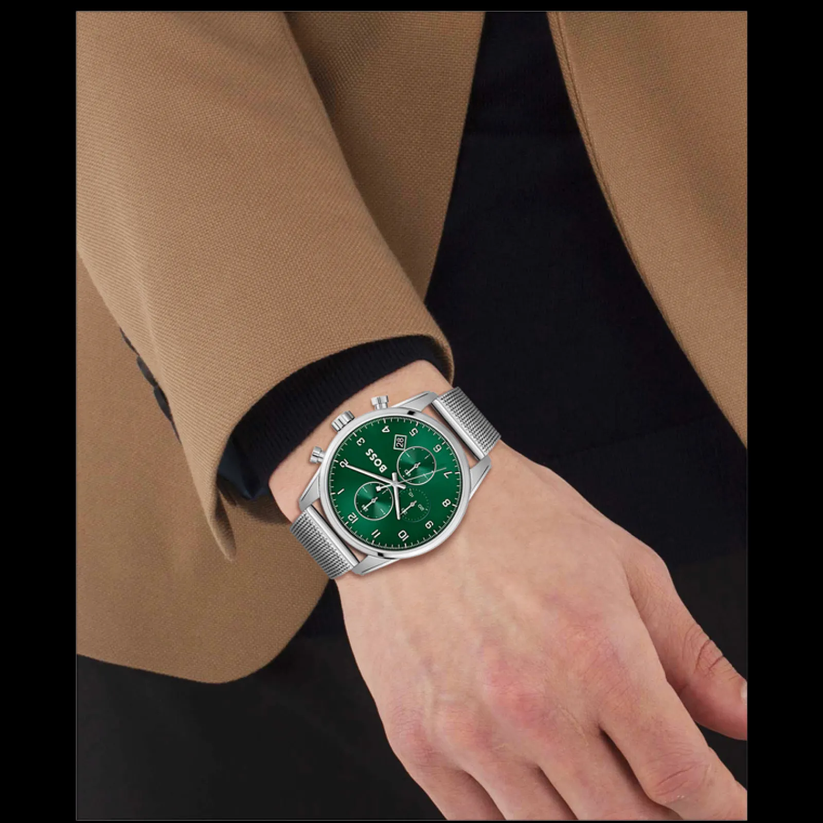 Relogio Skymaster Aco Verde Malha Milanesa-Boss Watches Cheap