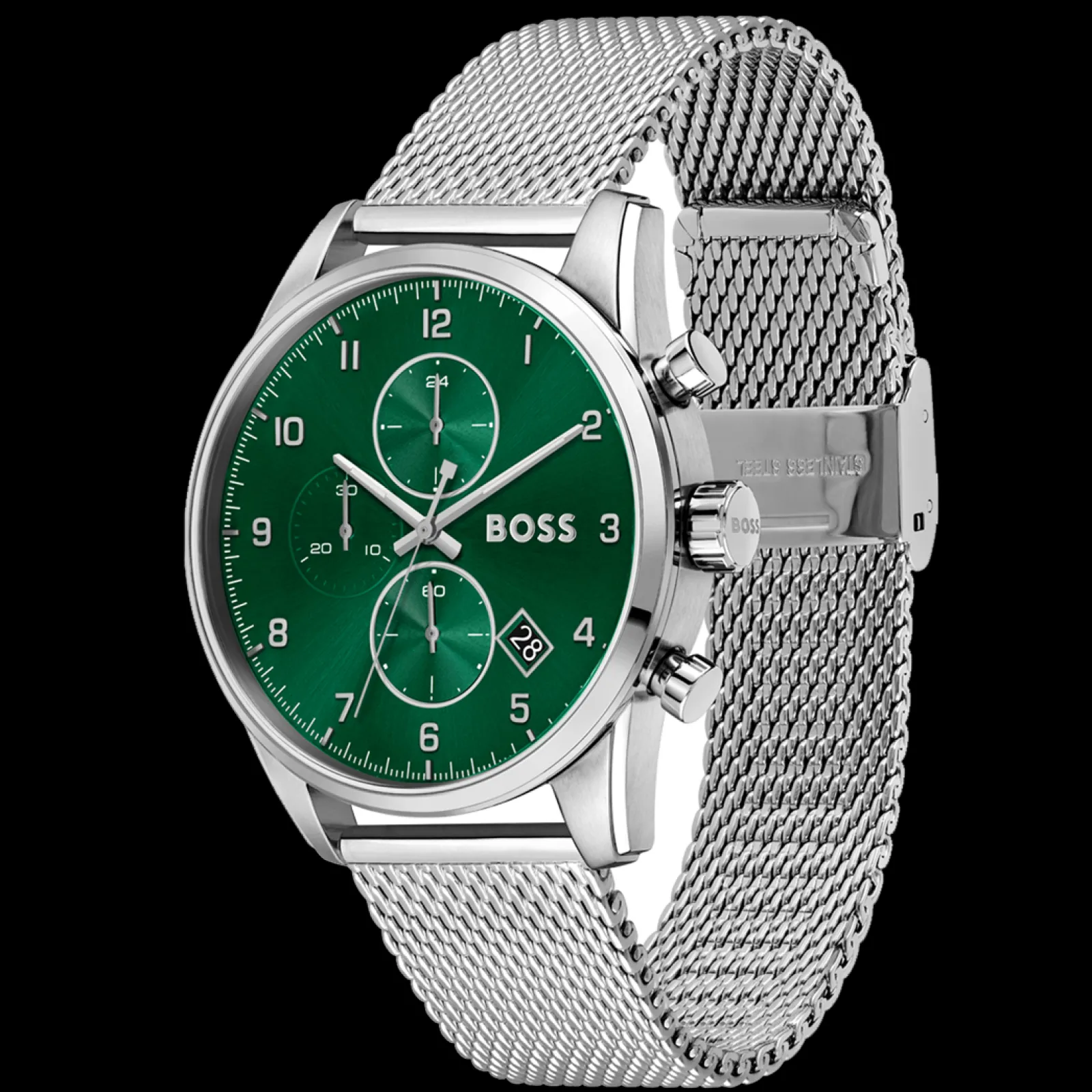 Relogio Skymaster Aco Verde Malha Milanesa-Boss Watches Cheap