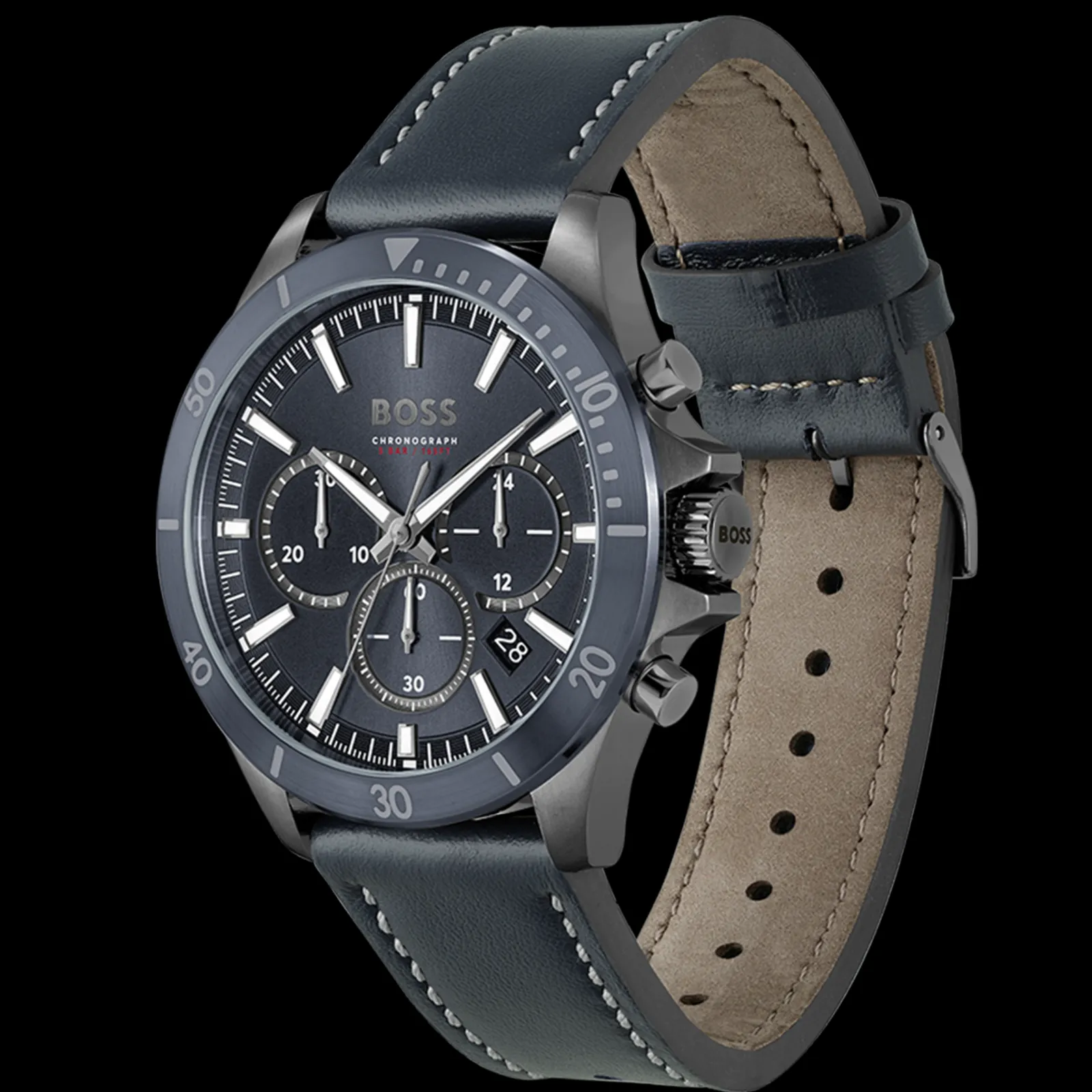 Relogio Troper Cronografo Aco Ip E Pele Azul-Boss Watches Hot