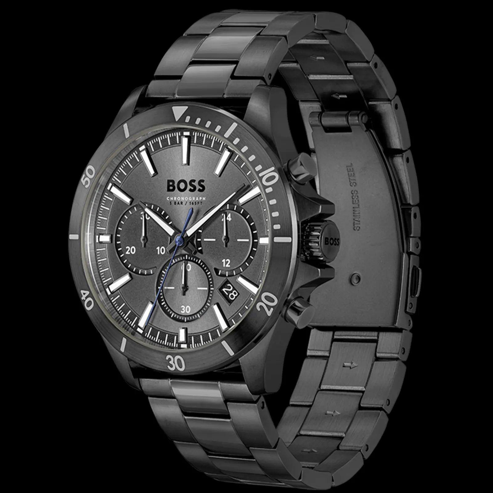 Relogio Troper Cronografo Cinzento Aco Ip Preto-Boss Watches Best