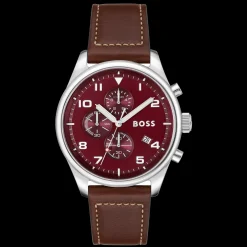 Relogio View Cronografo Aco Burgundy Pele Cast.-Boss Watches Discount