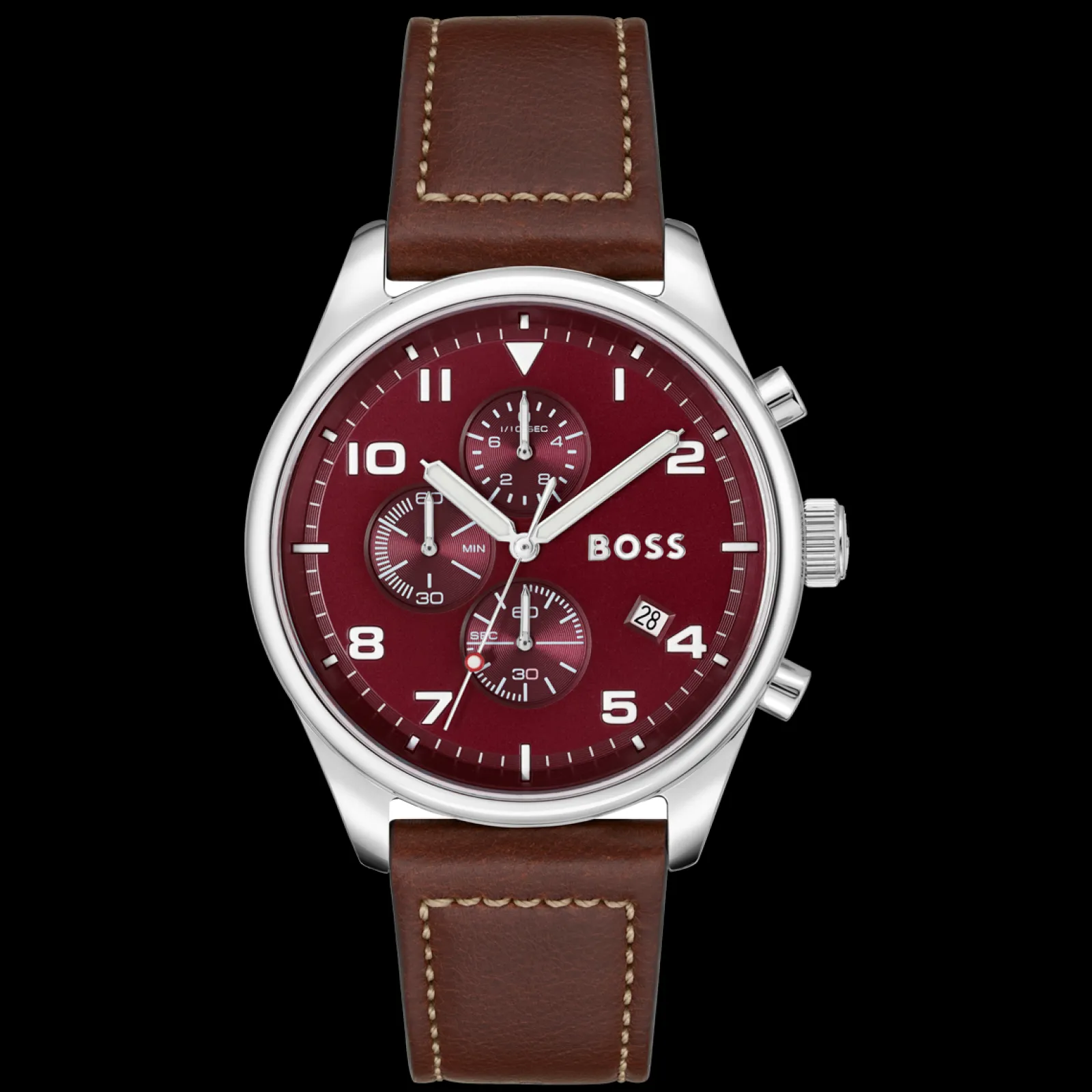 Relogio View Cronografo Aco Burgundy Pele Cast.-Boss Watches Discount