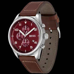 Relogio View Cronografo Aco Burgundy Pele Cast.-Boss Watches Discount