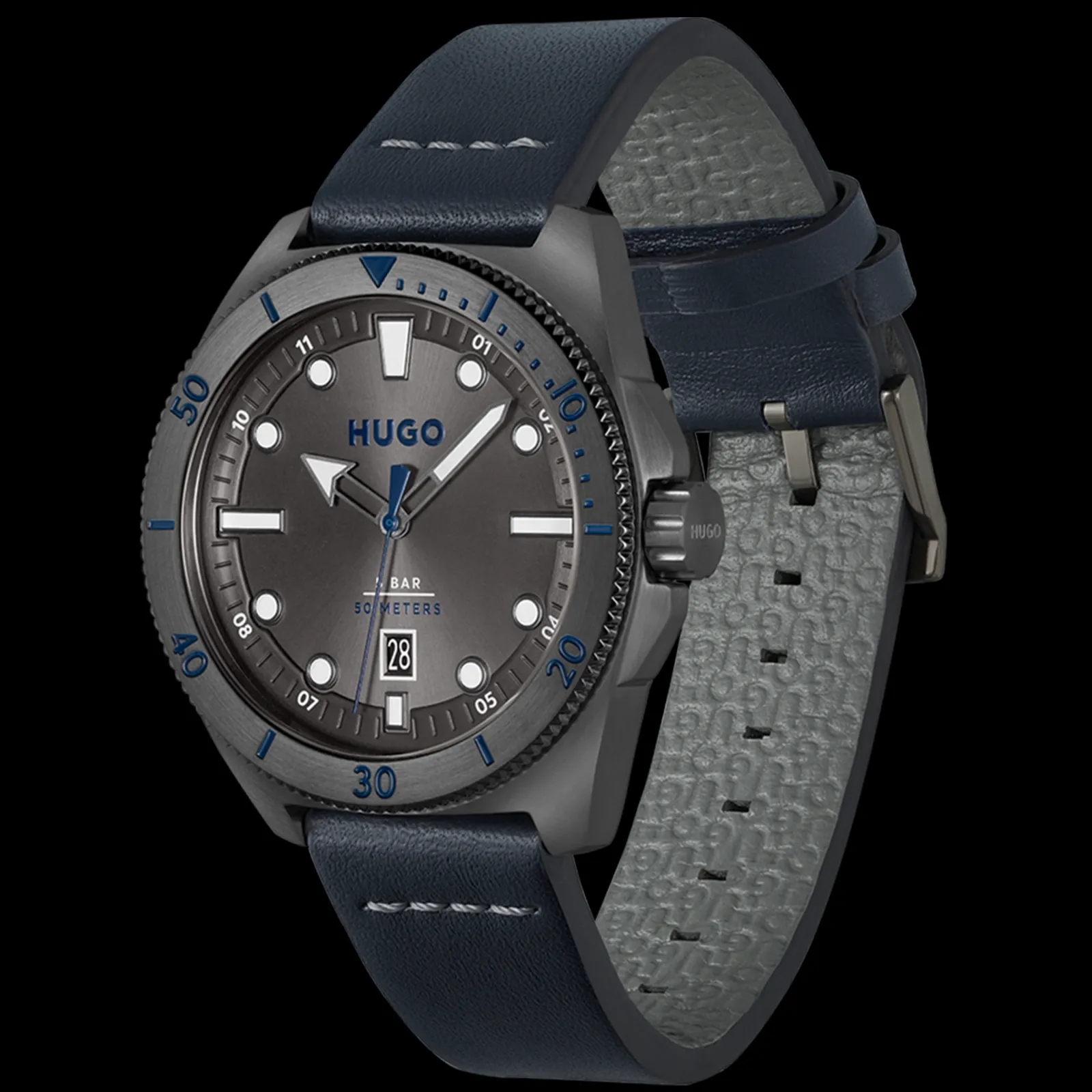 Relogio #Visit Aco Ip Cinzento E Pele Azul-Hugo Flash Sale